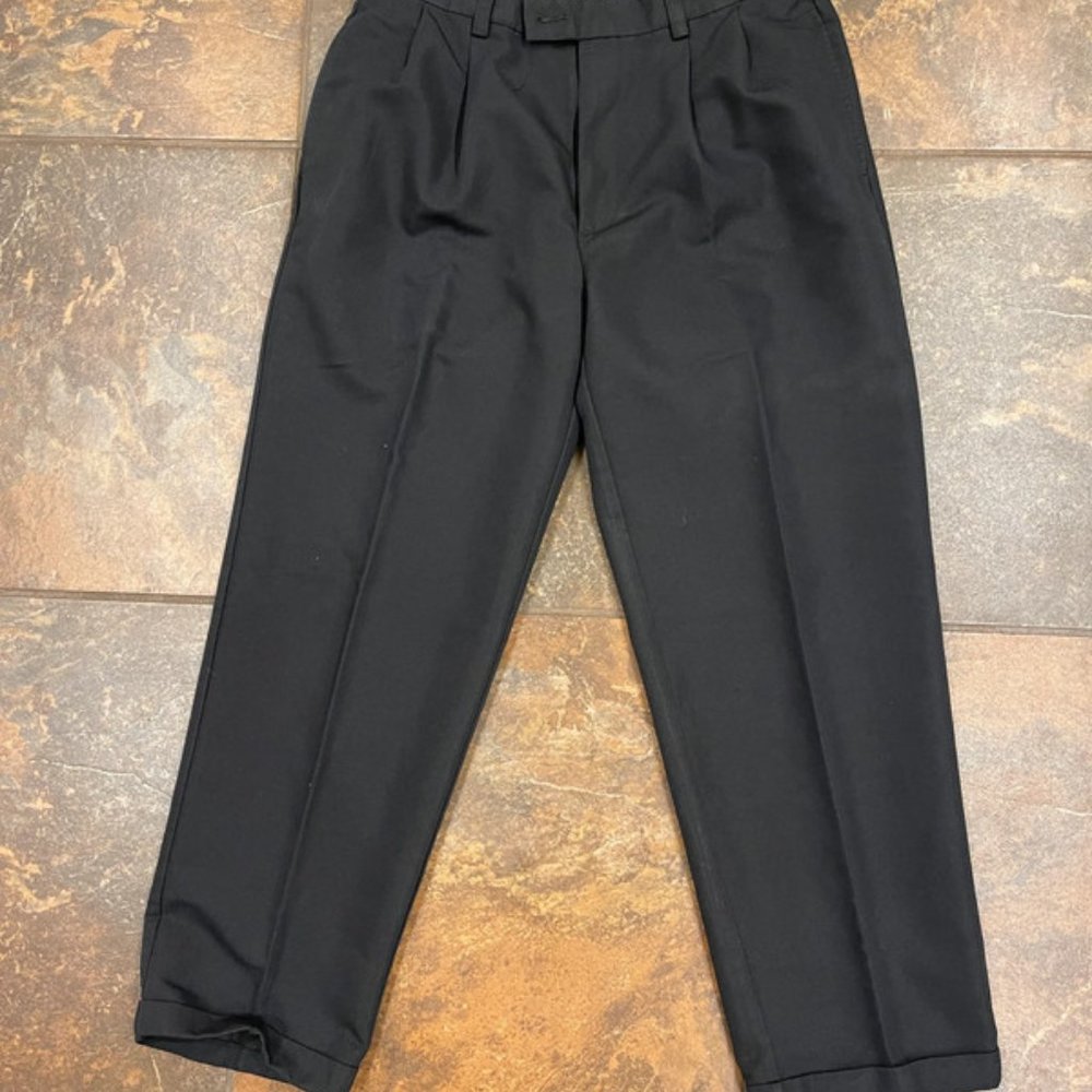 Solid black pleated front cuffed dress slack pants for men